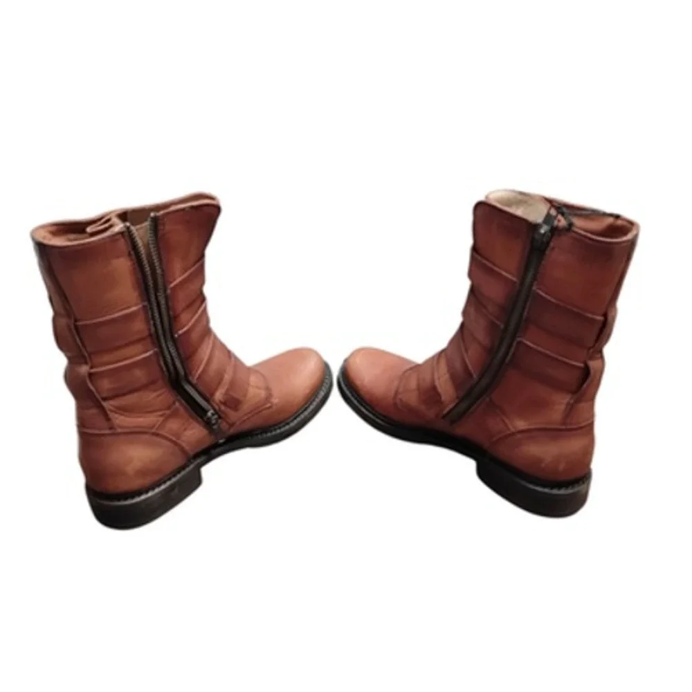 Frye Veronica Tanker Boots Women's 7M Cognac Moto‎ Combat Leather Strappy Belted - Picture 7 of 12